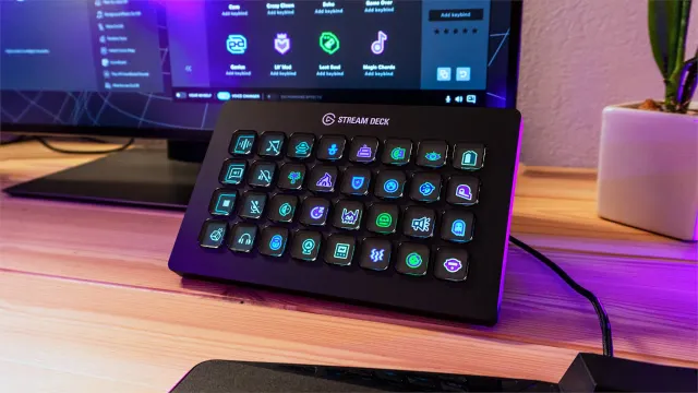 Elgato Stream Deck with Voicemod sound buttons on a desk